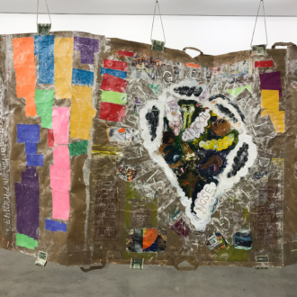 Installation view. <i>Modern Untitled Tragic Timeline</i>, 2019. Collage: acrylic paint, cash, grocery bags on paper, acrylic tubes and twine. 45 x 720 in./ 114.3 x 1828.8 cm.
