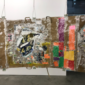 Installation view. <i>Modern Untitled Tragic Timeline</i>, 2019. Collage: acrylic paint, cash, grocery bags on paper, acrylic tubes and twine. 45 x 720 in./ 114.3 x 1828.8 cm.