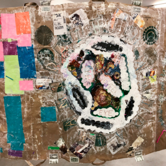 Installation view. <i>Modern Untitled Tragic Timeline</i>, 2019. Collage: acrylic paint, cash, grocery bags on paper, acrylic tubes and twine. 45 x 720 in./ 114.3 x 1828.8 cm.