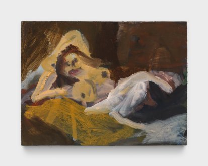 <i>Nude with Black Stockings</i>, 2024. Oil on panel, 6 × 8 in.