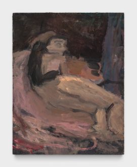 <i>Nude with pink cloth</i>, 2023. Oil on panel, 14 x 11 in.