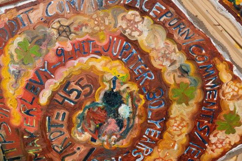 Mike Cloud, <i>Shoemaker Levy</i> (detail), 2025, oil on canvas, 55 x 60 x 3 inches.