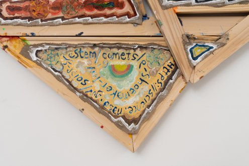 Mike Cloud, <i>Shoemaker Levy</i> (detail), 2025, oil on canvas, 55 x 60 x 3 inches.