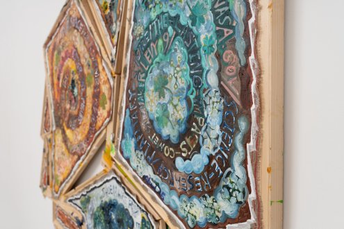 Mike Cloud, <i>Shoemaker Levy</i> (detail), 2025, oil on canvas, 55 x 60 x 3 inches.