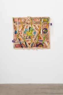 Mike Cloud, <i>Erik Lehnsherr</i>, 2025, oil on canvas, 34 x 43 1/2 x 4 1/2 inches.