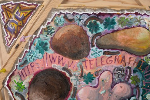 Mike Cloud, <i>Matters of the Heart<i> (detail), 2025, oil on canvas, 64 x 65 x 7 inches.