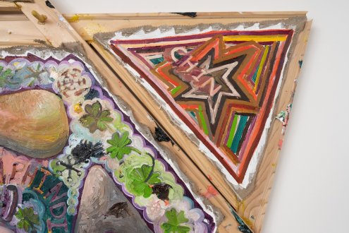 Mike Cloud, <i>Matters of the Heart<i> (detail), 2025, oil on canvas, 64 x 65 x 7 inches.