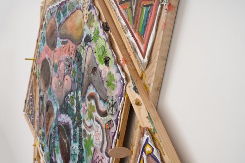 Mike Cloud, <i>Matters of the Heart<i> (detail), 2025, oil on canvas, 64 x 65 x 7 inches.