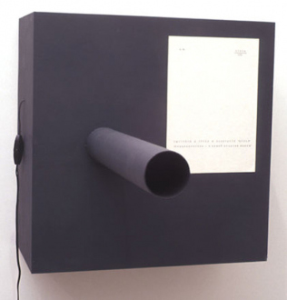 Andrej Monastyrskij, Dona Nelson, Vargas-Suarez Universal, Tom Wood - Andrej Monastyrskij Canon, 1975/1999. Wood, cardboard and electric bell, 21 x 21 x 29 in,
ed. of 10 (+ 2 AP).