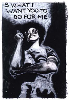 Adrian Piper – The Mythic Being, 1972-1975 - Adrian Piper It Doesn't Matter #3, 1975. Oil crayon drawing on
photograph, 10 x 8 in.