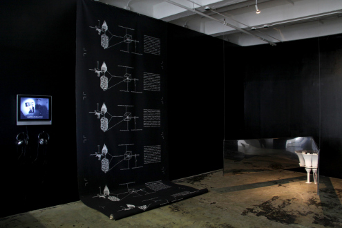 Nothing Is Left to Tell - Installation view: The Distribution of the Sacred System (leftand center) and Narcissus Echoes (right).