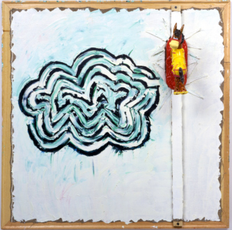 <i>Hippos on Cloud Maze</i>, 2005, Oil and toy on canvas, 40 x 40 inches/ 