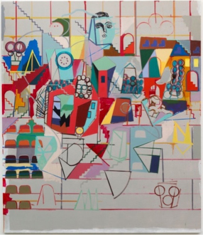 Jackie Gendel – Jackie Gendel - Jackie Gendel, Polychromy and the Moving Staircase, 2015. Oil and vinyl on canvas, 84 x 72 in.