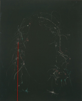 Jutta Koether – I Is Had Gone - Ladies of the Rope (Version 2), 2003/04. Black canvas, red thread, silver pen,
48 x 36 in.