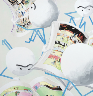 Marcus Weber – Adalbertstraße, Krazy Kat und Artforum-Leser - KWEE MOKKS, 2018. Acrylic on cotton, 79 x 77 in.