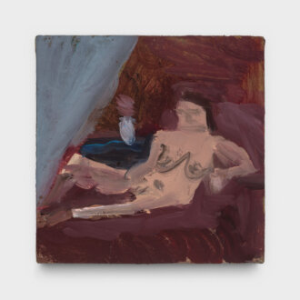 <i>Nude on Red Couch #2</i>, 2022. Oil on linen panel, 6 x 6 in.
