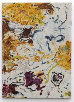 Whitney Claflin – As Long As You Get To Be Somebody’s Slave, Too - Résumé Youth, 2012. Oil, paper, ink, plaster, wire, thread, wax and sequin
patch on canvas, 21 x 15 in.