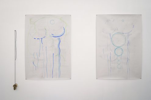 Róza El-Hassan
Untitled, 2025.
Pencil and gouache on paper
59 x 41 in. (photo: Fernando Sandoval/MW)<br>
<p>Roza El-Hassan, an artist (b. 1966, Budapest) of dual Hungarian/Syrian nationality, represented Hungary at the 1997 Venice Biennale. Her two pencil and watercolor on paperworks seismographically record psychic states, a hyper sensibility which is the result of the artist's biography. Amidst many other exhibitions, the Kunstmuseum Basel included her work recently in <i>Drawing Today</i>.</p>