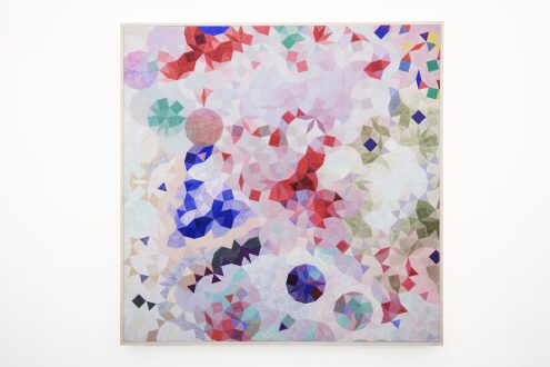 Eli Bornowsky
<i>Tiepolo, Coltrane</i>, 2026
Egg tempera, gesso on wood panel
47.25 x 47.25 in.<br>
<p>In his paintings, Eli Bornowsky combines his own digital generative programs with traditional egg tempera on gessoed wood panels. The patterning here - better referred to as tiling - is based on a series of squares, triangles, and rhombs, which unfold (origami-like) through a program named by its three creators “Watanabe Ito Soma” while “substitution rules” partially interchanges these element. This creates an overall stable, though never repeating pattern (think of Islamic Geometry with an added element of disruption).</p>
<p>A program then “walks” randomly over the tiling, assigning color to each element. Subsequent wanderings - departing from different points - add saturation to each shape depending on how many times a tile has been hit.</p>
<p>Bornowsky etches the geometric tiling into the gesso surface by hand, and painting each tile, brushstroke by brushstroke with egg tempera, adds layers of visual interest, as do deviations from the assigned colors, depending on the artist’s aesthetic decisions.</p>
<p>We experience here a work of rich complexity, which sits at the intersection of mathematical programming, craft and the artist’s intuition.</p>