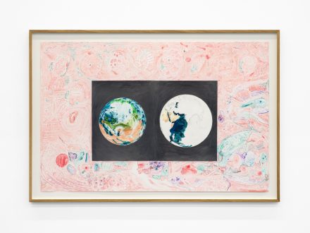 Vijay Masharani, <i>Two Earths (Red)</i>, 2024. Graphite, gouache, pen, and collage on yupo, 26 × 40 inches.