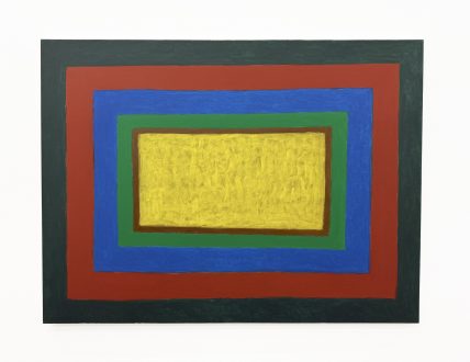 Harriet Korman
<i>Untitled</i>, 2019
Oil on canvas
30 x 40 in.
<br>
<p>Harriet Korman’s Untitled, from 2019, is part of a group of paintings based on the same formal device: nesting rectangles. These grew out of Korman applying several layers of paint, continuously and attentively adjusting the relationship between the bands in terms of width and colors. Usually categorized as “geometric abstraction”, these paintings aren’t “geometric” at all. They are structures grown out of process, an observed and intuitive probing, which visually manifests an abstract mental state, a state of being or consciousness - simultaneously porous and defined.</p>
<p>Observe the quality of the center’s yellow strokes over green. Already in a 1975 Art Forum review, Roberta Smith describes the singular quality of Korman’s marks as [fluctuating] "... like breathing - between fragility and robustness."</p>