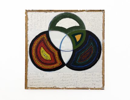 Mike Cloud
<i>(M)ildly toxic, (F)ast drying speed, (B)rittle film,</i> 2008
Oil on canvas with silver foil
50 x 50 in.<br>
<p>The works included in Art and Consciousness do not make use of the established symbolism usually associated with "Spiritual Art". Instead, this "charge" is pointed at through process as well as material and conceptual investigations.</p>
<p>As an example, the generative concept of Mike Cloud's (M)ildly toxic, (F)ast drying speed, (B)rittle film, 2008, is the properties of oil paint used to produce the painting. Rendered as partially intersecting, circular charts, a visual metaphor emerges for how the interlocking of systems creates interferences and partial breakdowns. Though not entirely unfamiliar, a reinvested and thus reinvigorated symbol emerges out of Cloud's chosen parameters and process.</p>
