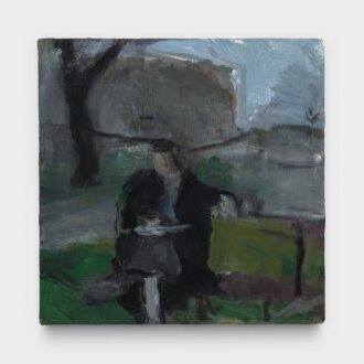 <i>Woman on Bench</i>, 2023. Oil on linen board , 8 x 8 in.
